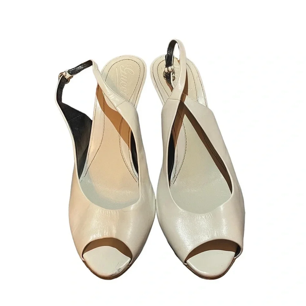 GUCCI WHITE LEATHER TORTOISE SHELL SLINGBACK HEELS